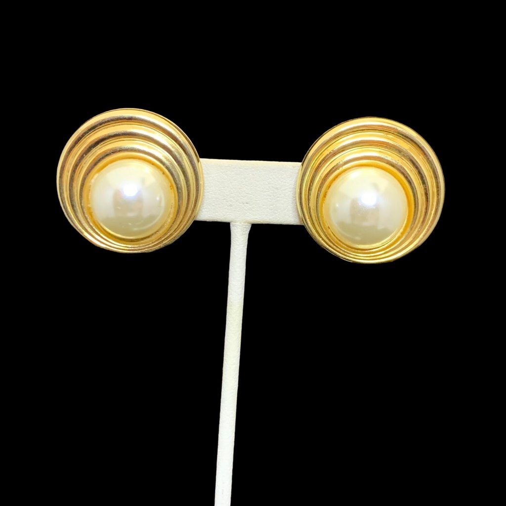 Vintage Sc D'or Chunky Gold Tone Faux Pearl Shoe Clips Signed (2230)
